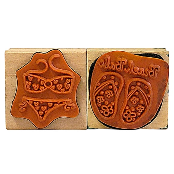 Summer Beach Rubber Stamps Lot of 2 1.25" Flip Flops Bikini Wood Mounted - Picture 2 of 2